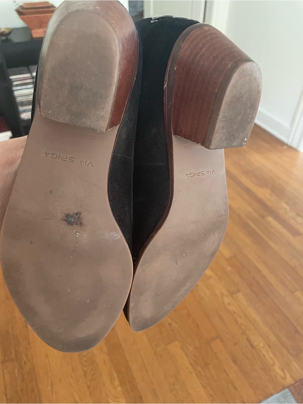 Via Spiga Black Suede Stacked Heel Ankle Boots